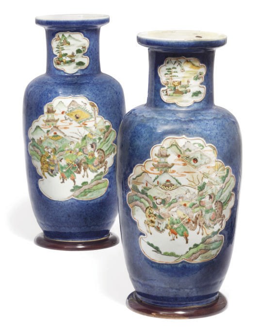 A Pair of Chinese famille verte and powder blue baluster vases
