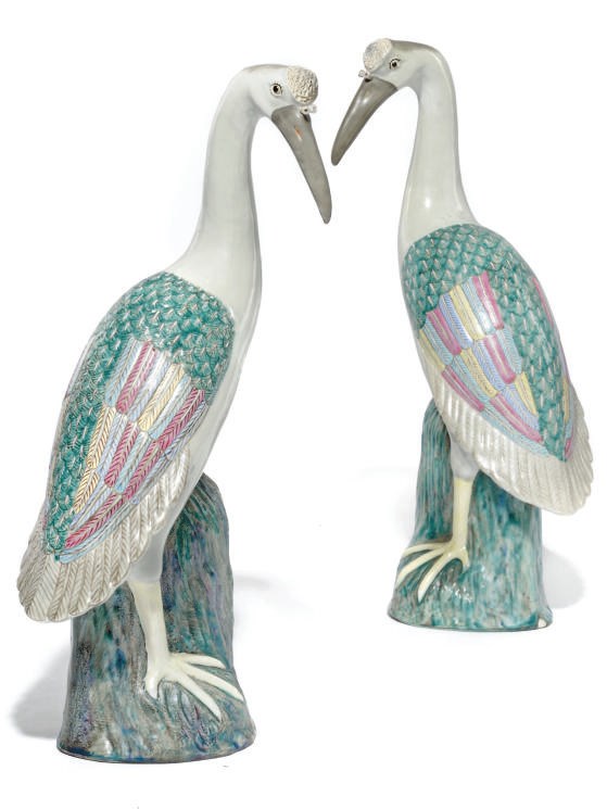 A PAIR OF CHINESE FAMILLE ROSE CRANES