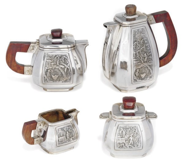 A CHINESE SILVER FOUR PIECE TEA AND COFFEE SET