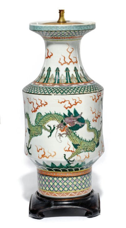 A PAIR OF CHINESE FAMILLE VERTE LAMPED BALUSTER VASE