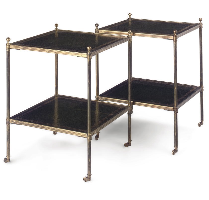 A MATCHED PAIR OF BRASS AND GILT-LEATHER TWO TIER ETAGERES