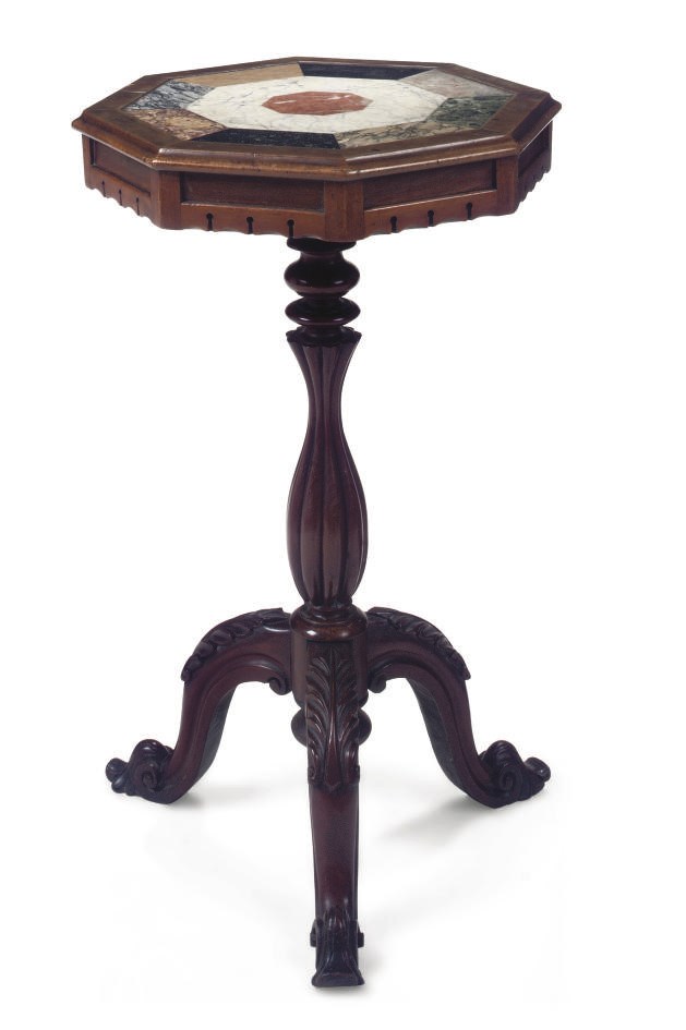 A MID VICTORIAN INLAID MARBLE MOUNTED MAHOGANY OCCASIONAL TABLE
