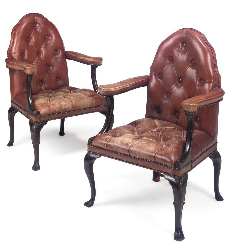 A PAIR OF MAHOGANY UPHOLSTERED OPEN-ARM CHAIRS