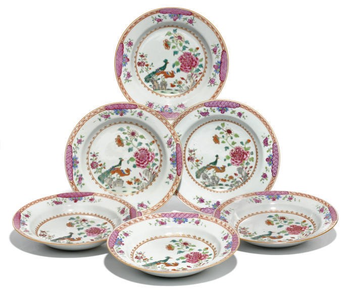 SIX CHINESE EXPORT FAMILLE ROSE DOUBLE PEACOCK DISHES
