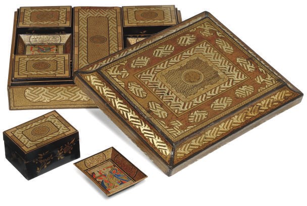 A CHINESE BLACK AND GILT LACQUERED GAMING BOX