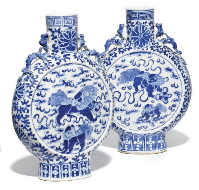 A MATCHED PAIR OF CHINESE BLUE AND WHITE MOONFLASKS