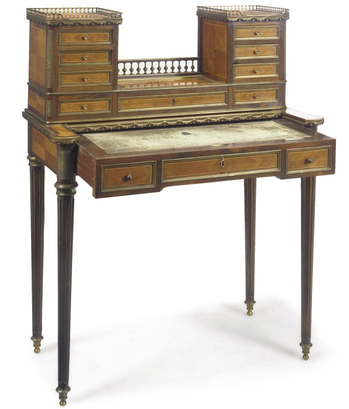 A FRENCH BRASS-MOUNTED KINGWOOD, ROSEWOOD AND INLAID BONHEUR-DU-JOUR