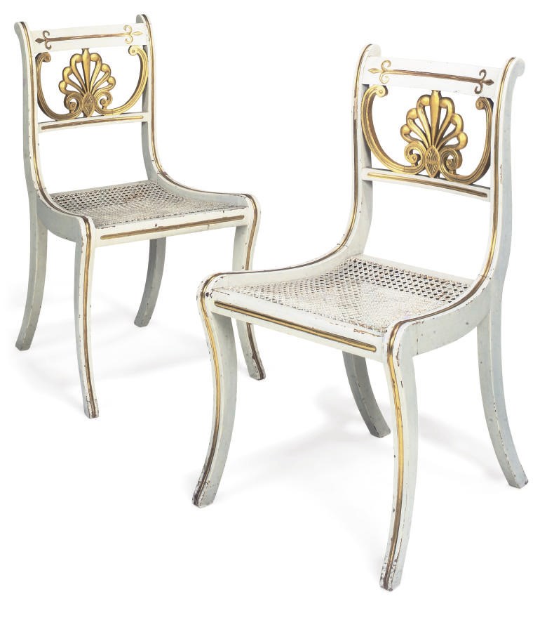 A PAIR OF SCOTTISH GEORGE IV WHITE-PAINTED AND PARCEL-GILT DINING CHAIRS