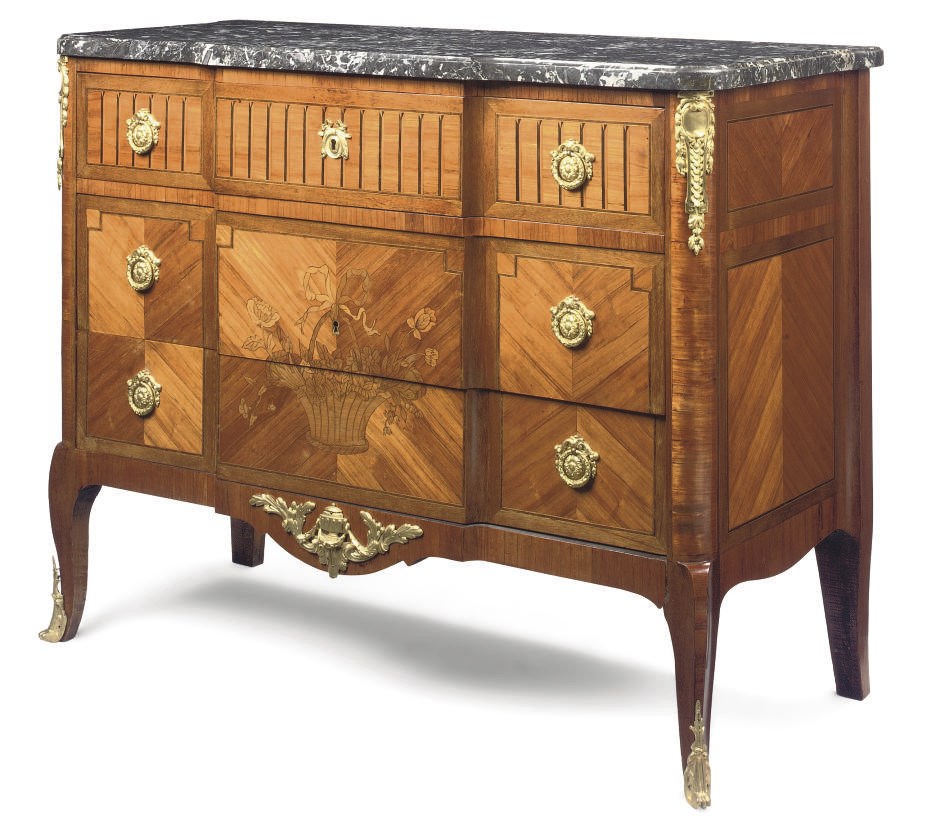 A FRENCH ORMOLU-MOUNTED KINGWOOD AND MARQUETRY AND INLAID COMMODE