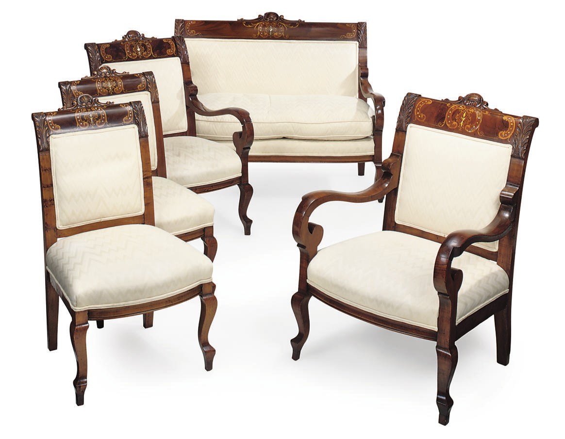 AN ITALIAN MAHOGANY AND MOTHER-OF-PEARL INLAID SUITE