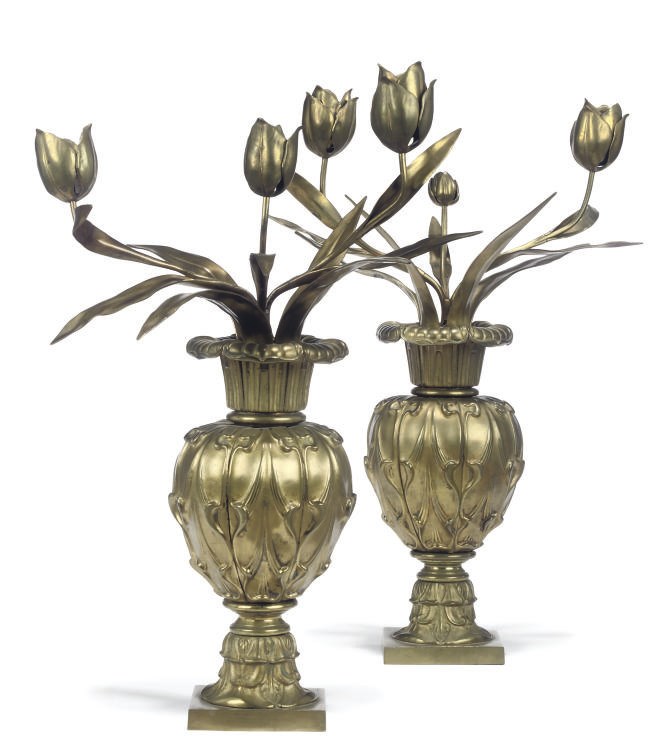 A PAIR OF WILLIAM IV GILT BRASS ORNAMENTAL VASES OF FLOWERS