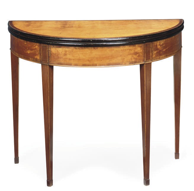 A GEORGE III SATINWOOD AND CROSSBANDED DEMI LUNE CARD TABLE