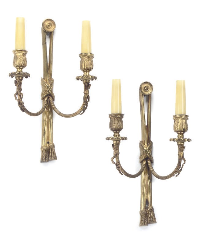A SET OF SIX GILT BRASS TWIN BRANCH WALL APPLIQUES