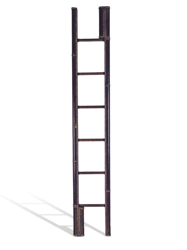 A VICTORIAN BRASS-STUDDED BROWN LEATHER FOLDING STEP-LADDER