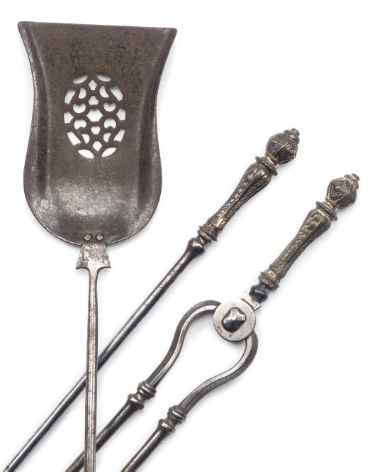 A SET OF THREE VICTORIAN STEEL AND GILT-BRASS MOUNTED FIRE TOOLS