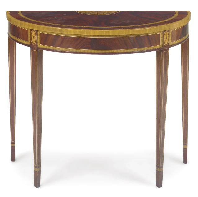 A MAHOGANY AND SATINWOOD INLAID DEMI-LUNE SIDE TABLE