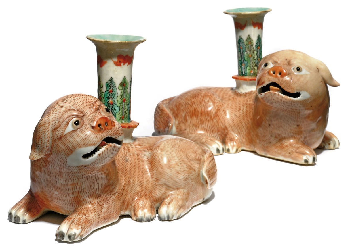 A PAIR OF CHINESE PUPPY FORMED JOSS STICK HOLDERS