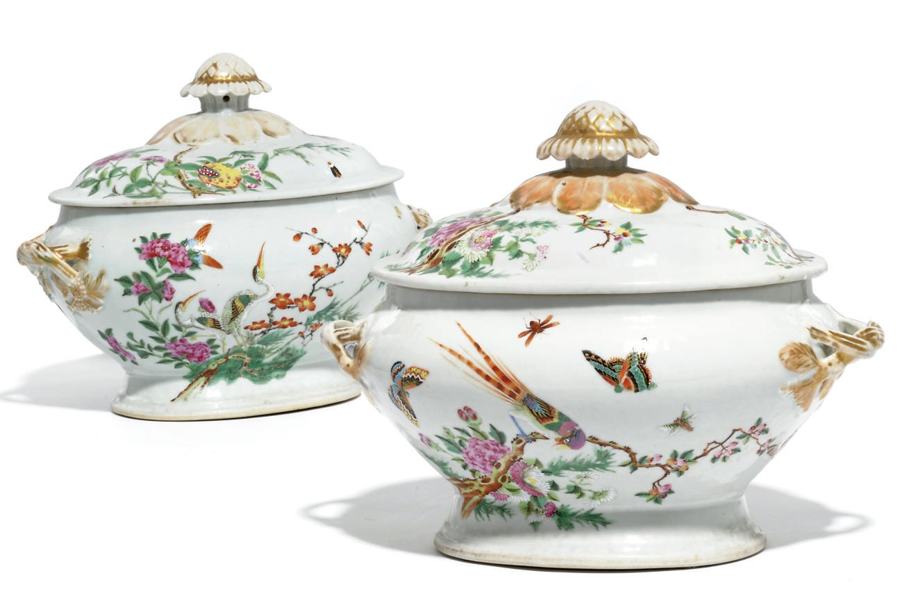 A MATCHED PAIR OF CHINESE FAMILLE ROSE TUREENS AND COVERS
