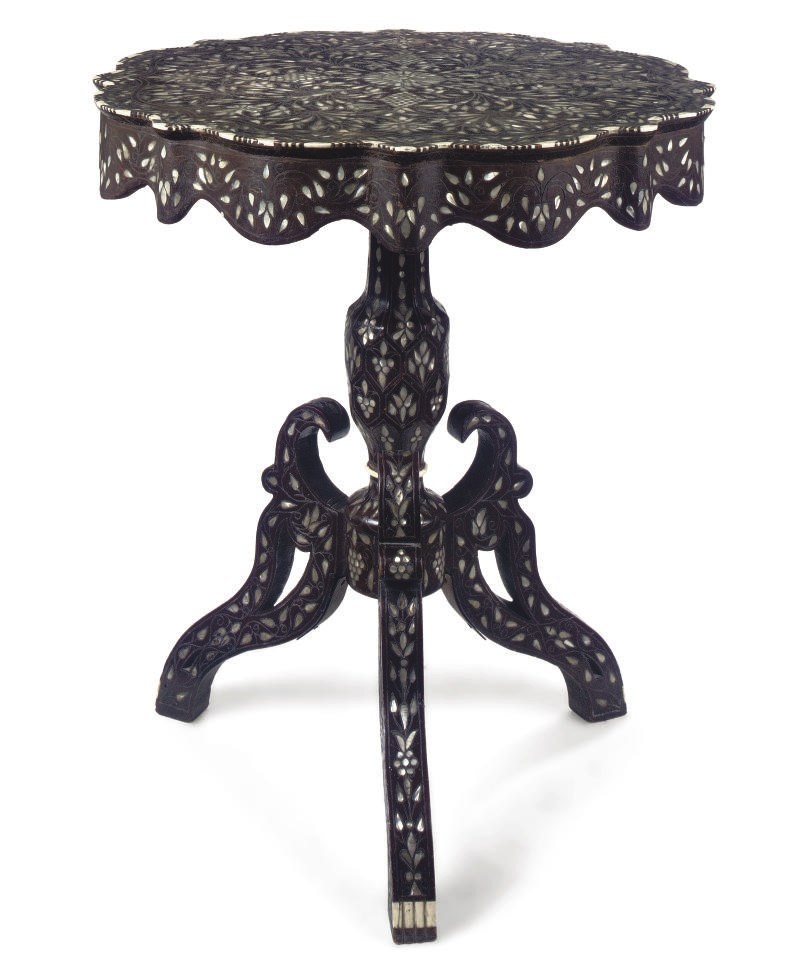 A SYRIAN HARDWOOD MOTHER-OF-PEARL, METAL AND BONE INLAID OCCASIONAL TABLE