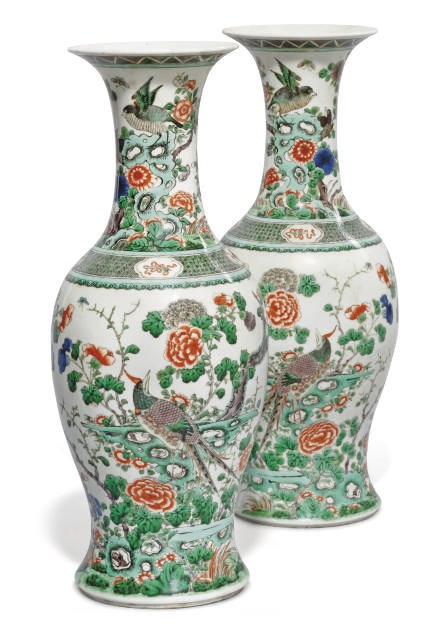 A PAIR OF CHINESE FAMILLE VERTE BALUSTER VASES