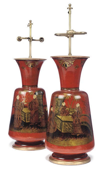 A PAIR OF GERMAN PAINTED TERRACOTTA CHINOISERIE VASES