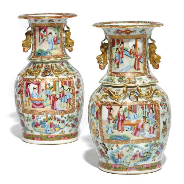 A PAIR OF CANTONESE FAMILLE ROSE VASES