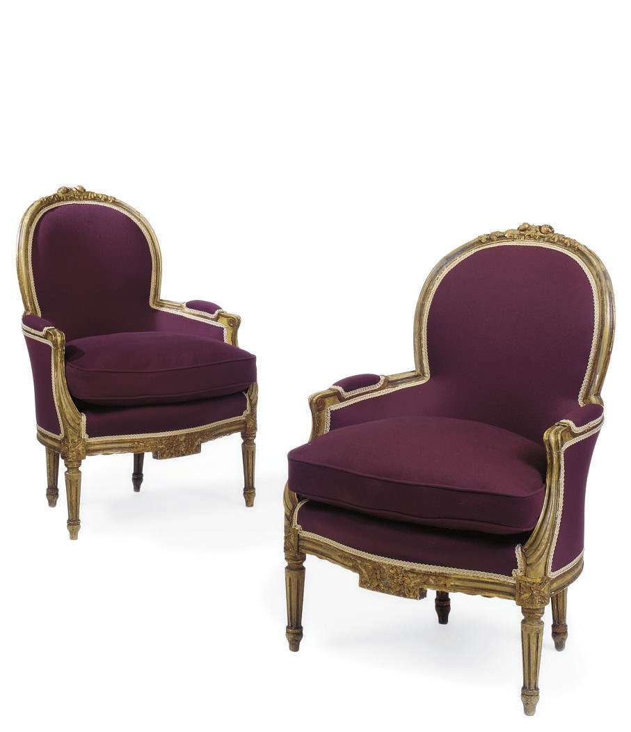 A PAIR OF GUSTAVIAN CREAM AND GILT DECORATED BERGERES