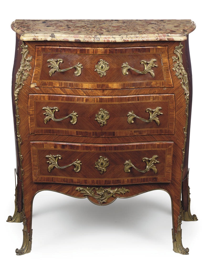 A GILT METAL MOUNTED KINGWOOD AND TULIPWOOD SERPENTINE COMMODE