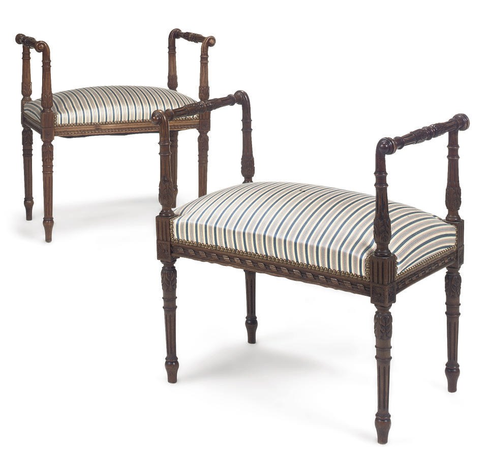 A NEAR PAIR OF FRENCH WALNUT STOOLS