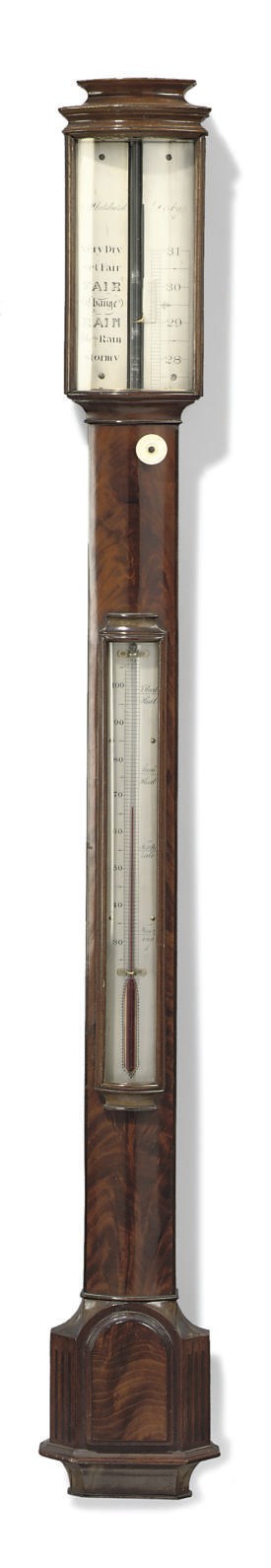 A GEORGE IV MAHOGANY BOW FRONTED STICK BAROMETER
