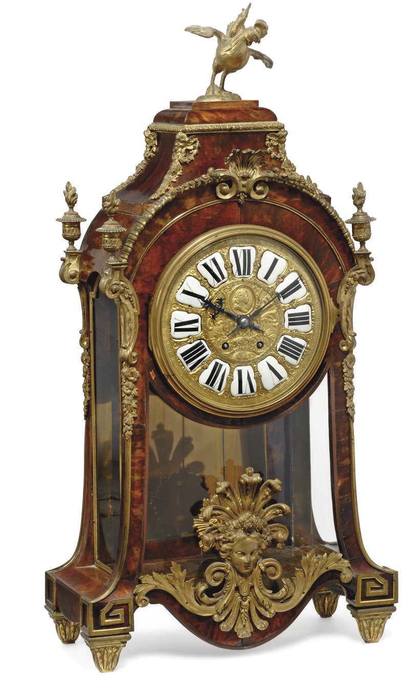 A FRENCH LARGE GILT-BRASS MOUNTED TORTOISESHELL MANTEL CLOCK