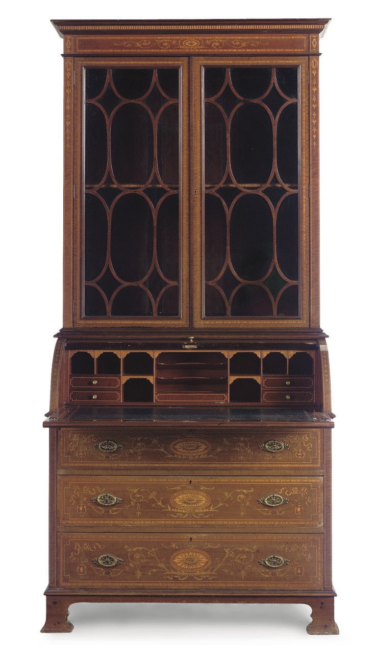 AN EDWARDIAN MAHOGANY AND MARQUETRY BUREAU-BOOKCASE