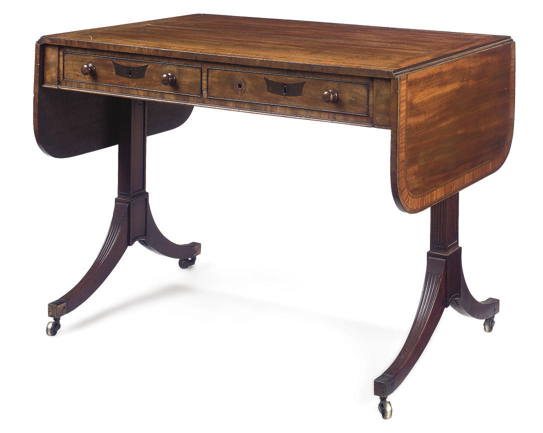 A GEORGE III MAHOGANY CROSSBANDED SATINWOOD AND ROSEWOOD SOFA TABLE