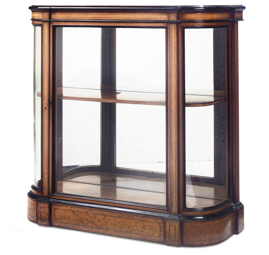 A VICTORIAN AMBOYNA AND EBONISED DISPLAY CABINET