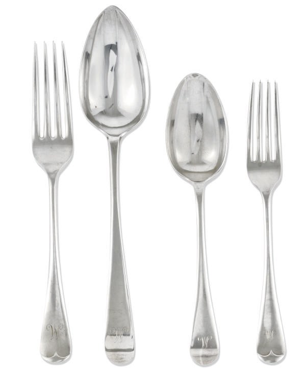 A COLLECTED OLD ENGLISH PATTERN SILVER PART TABLE SERVICE OF FLATWARE