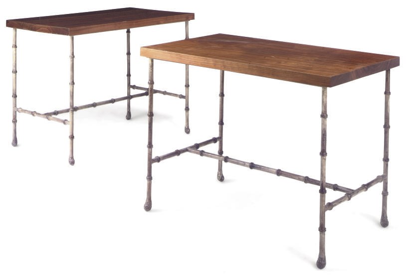 A PAIR OF WALNUT AND PAINTED-STEEL SIDE TABLES