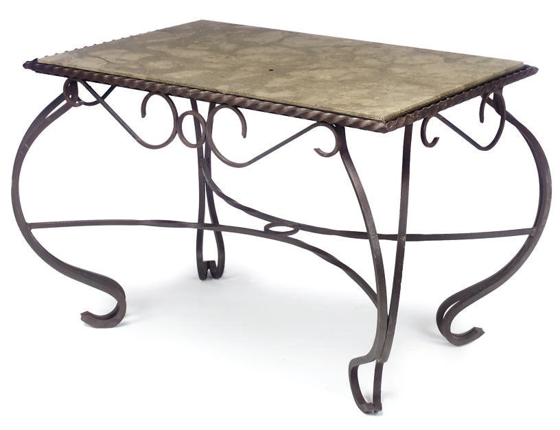 A FRENCH WROUGHT-IRON AND STONE COFFEE TABLE