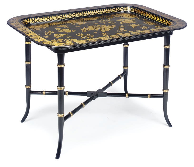 AN ENGLISH PAPIER MACHÉ TRAY ON STAND