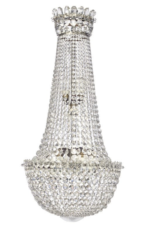 AN ENGLISH GLASS BEAD AND SILVERED METAL CHANDELIER