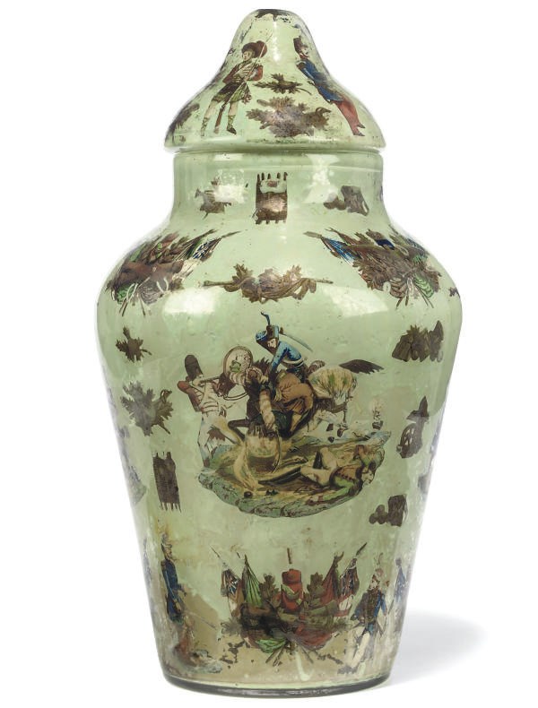 A VICTORIAN GLASS DECALCOMANIA VASE AND COVER