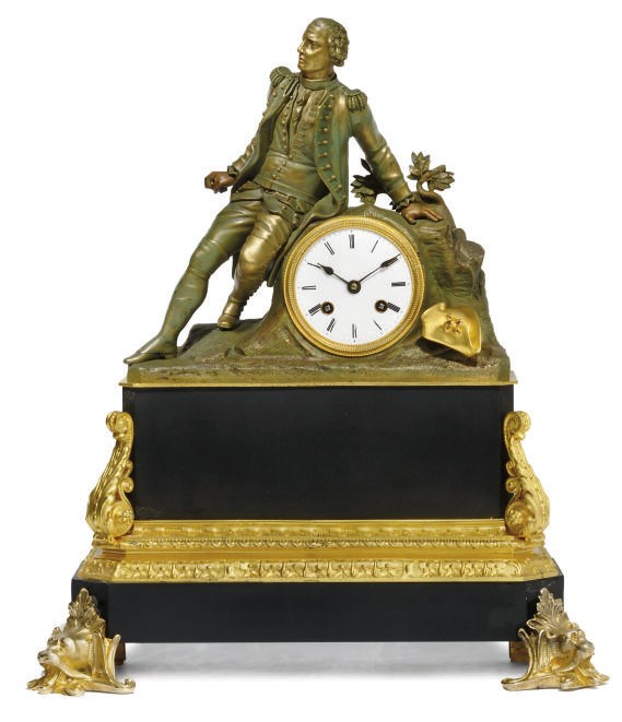 A CHARLES X BRONZED AND ORMOLU STRIKING FIGURAL MANTEL CLOCK