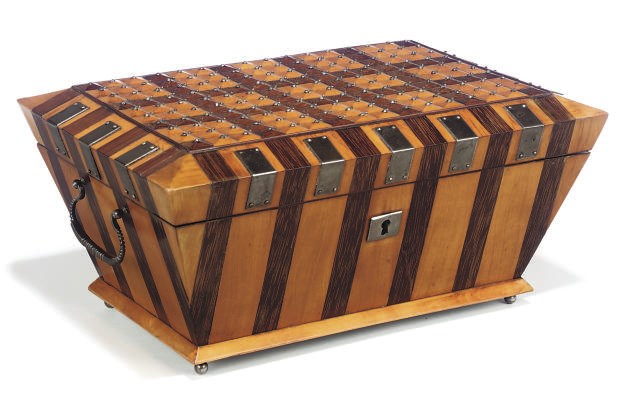 A CHARLES X PALM-WOOD, FRUIT-WOOD AND STEEL MOUNTED WORK BOX
