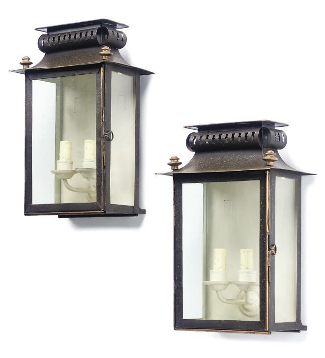 A SET OF FOUR PAINTED TOLE-WARE WALL LANTERNS