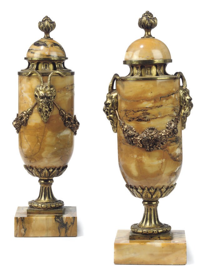 A PAIR OF FRENCH SIENA MARBLE AND GILT-BRONZE VASES