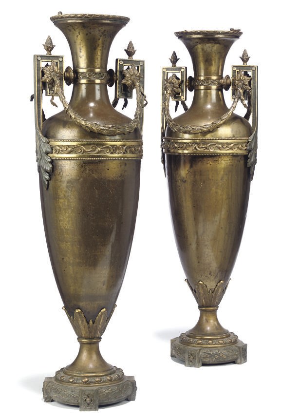 A PAIR OF FRENCH GILT-BRASS AND BRONZE TWIN-HANDLED VASES