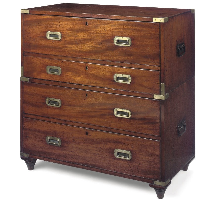 A VICTORIAN MAHOGANY BRASS MOUNTEED SECRETAIRE CAMPAIGN CHEST