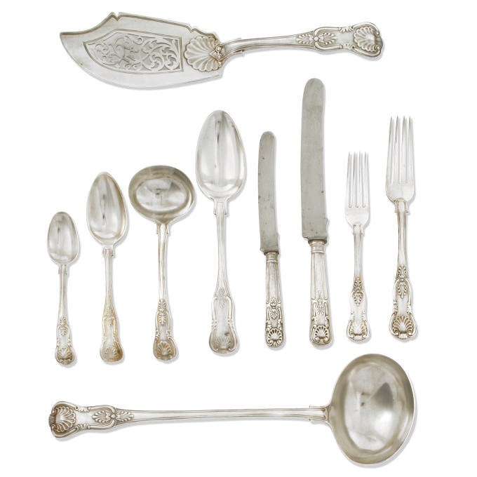 A COLLECTED WILLIAM IV/VICTORIAN SILVER KINGS PATTERN TABLE SERVICE OF FLATWARE