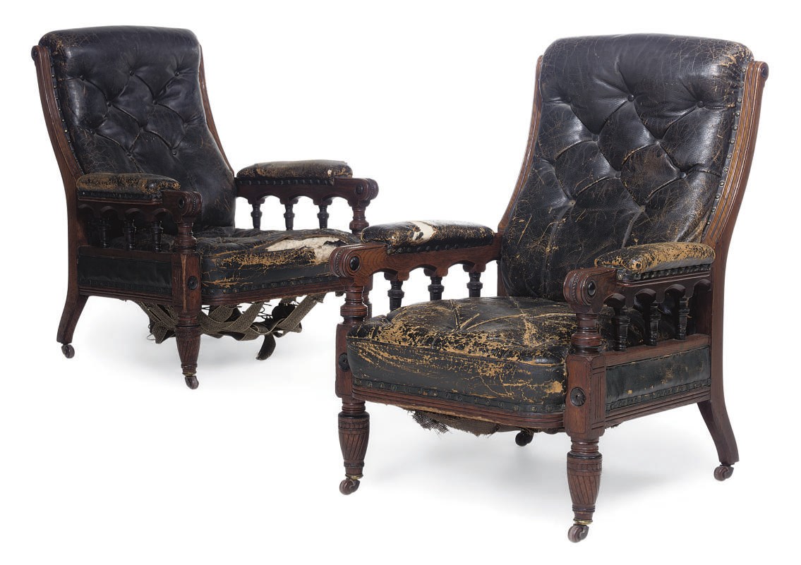 A PAIR OF MID VICTORIAN OAK EBONY AND EBONISED ARMCHAIRS