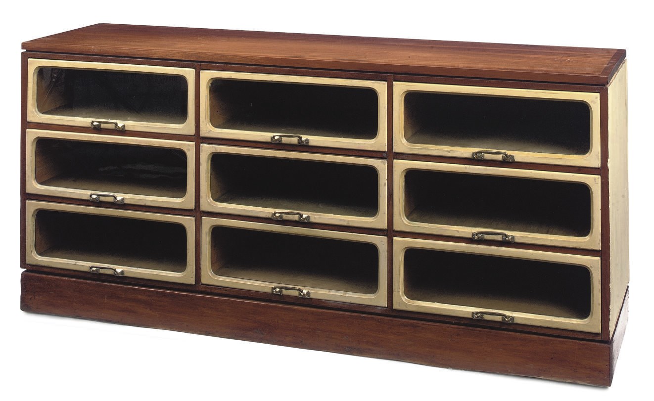 A MAHOGANY, PAINTED AND GLASS MOUNTED HABERDASHERY DISPLAY CABINET