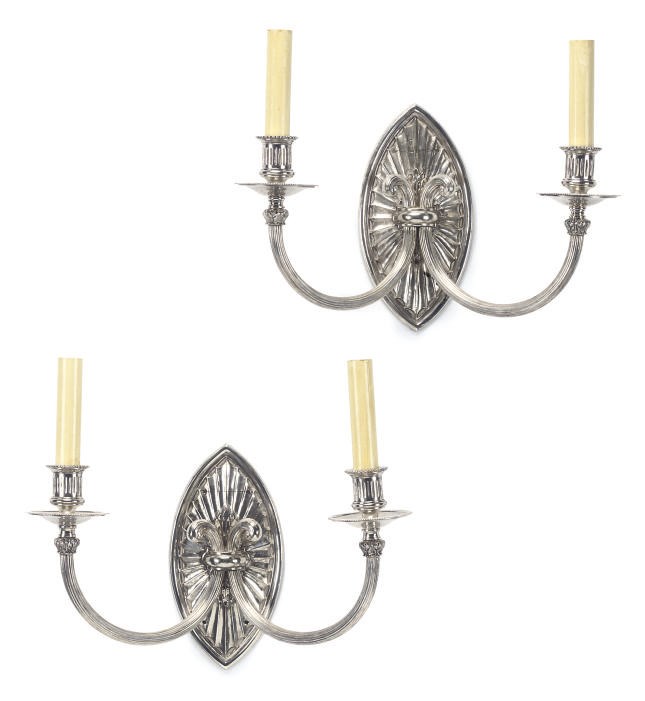 A PAIR OF SILVER-PLATED BRASS WALL LIGHTS